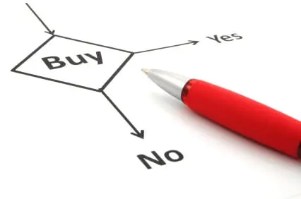 buy decision concept with flowchart and pen on white
